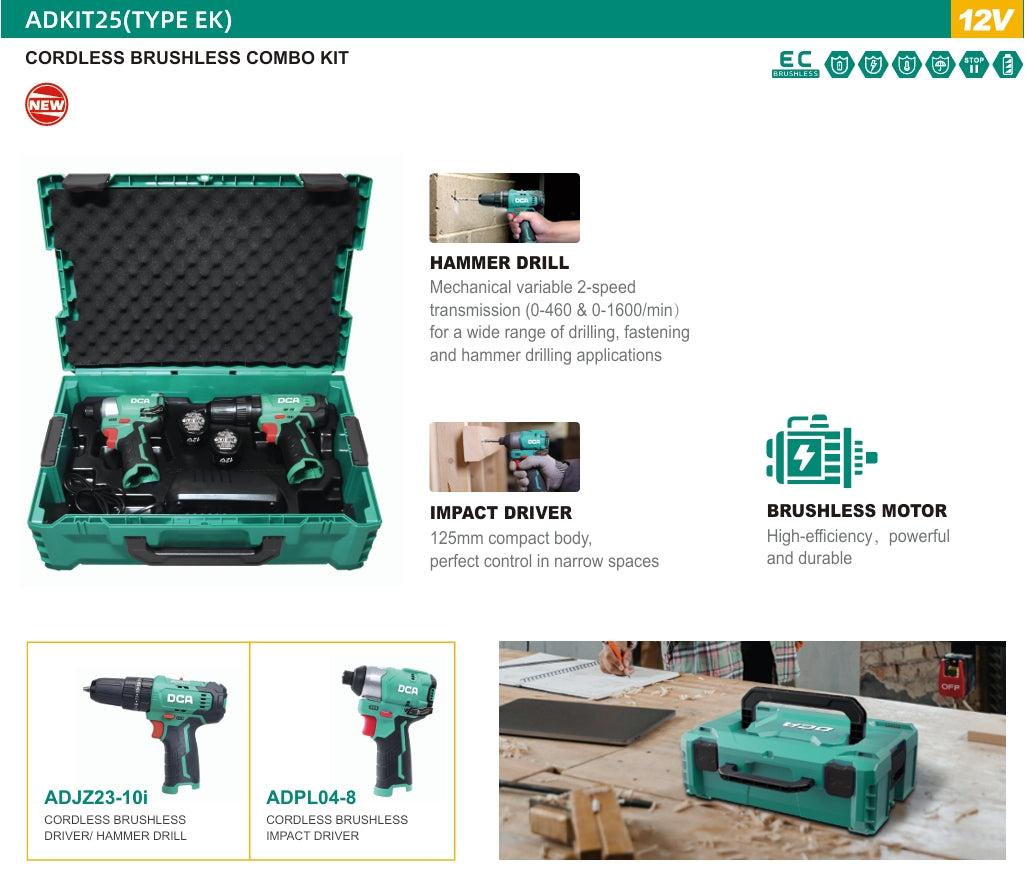 DCA ADKIT25-EK Cordless Brushless Hammer Drill Driver & Impact Driver 12V Combo Kit Set