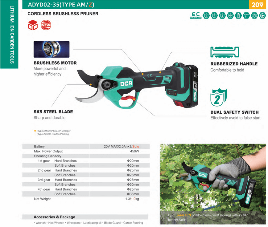 DCA ADYD02-35 20V cordless brushless pruning shear with rubberized handle and dual safety switch.