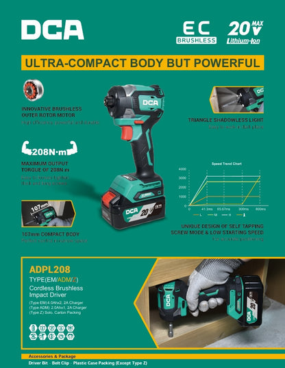 DCA ADPL208 20V 208NM Brushless Cordless Impact Driver