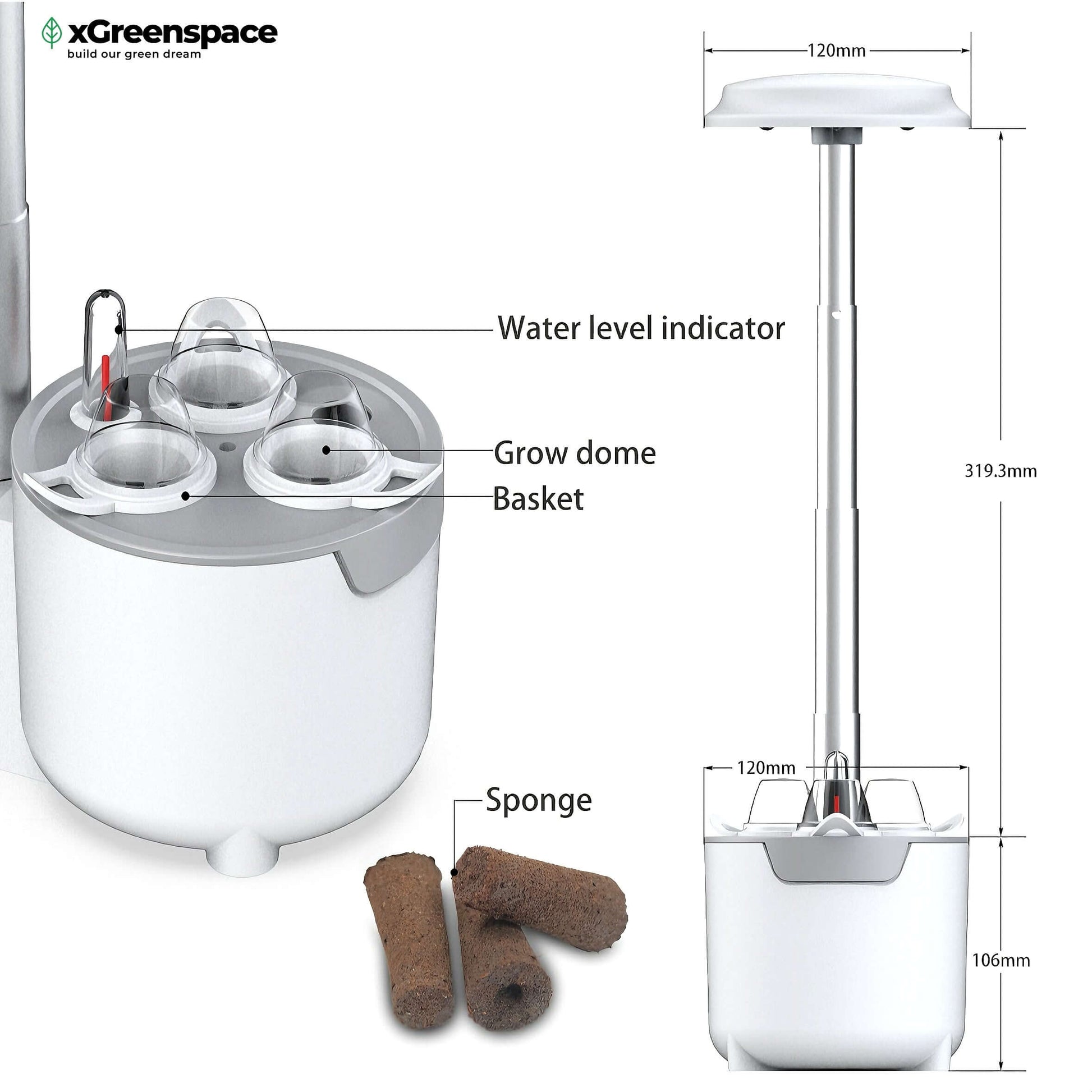 Close-up of xGreenspace MiniBlock hydroponic system showing grow pods, water level indicator, and sponge components.