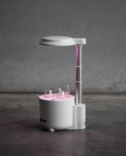 xGreenspace MiniBlock 3pc Y03B hydroponic system with pink LED light for indoor plant growth in compact spaces.