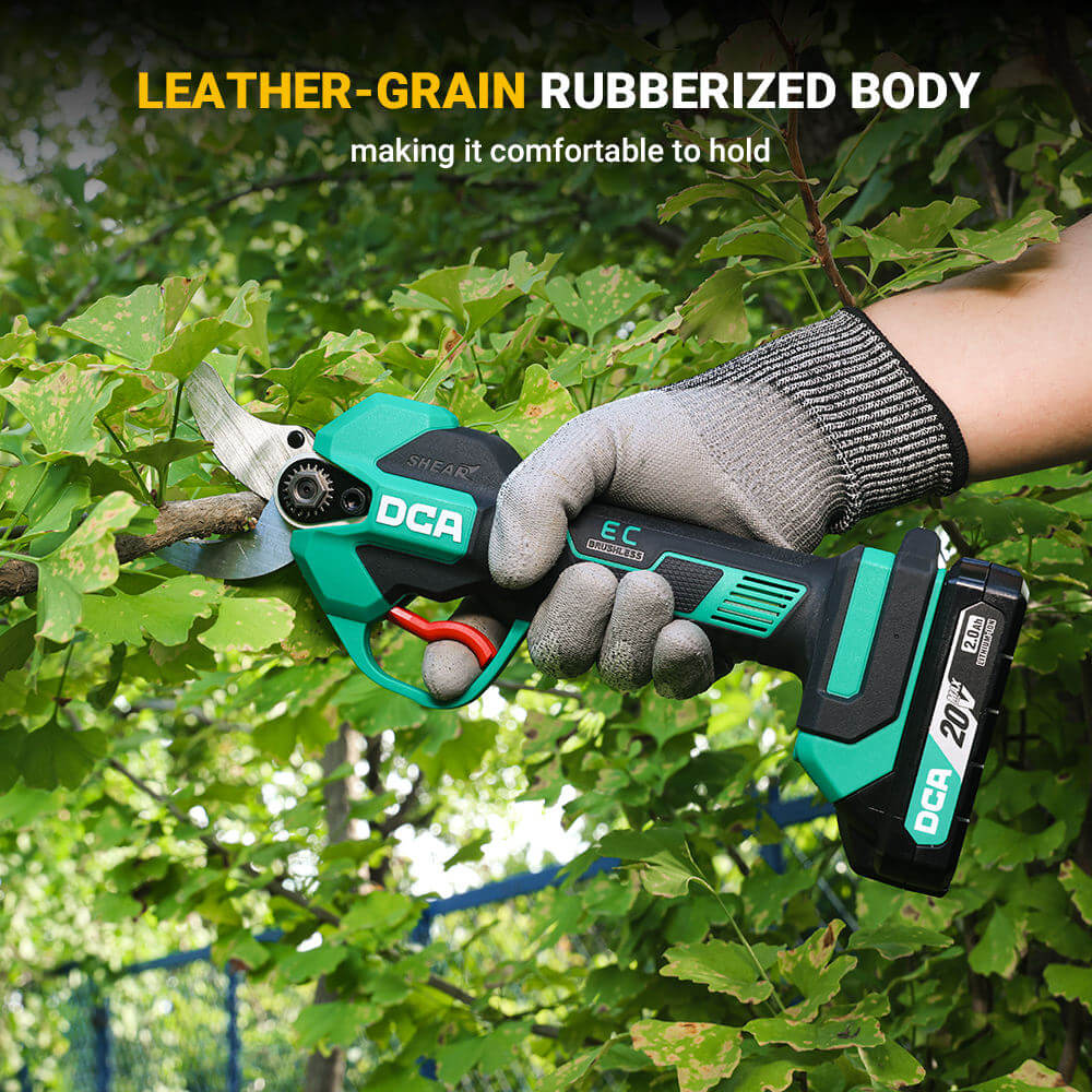 DCA ADYD02-35 cordless pruning shear with rubberized body for comfortable grip, ideal for cutting branches.