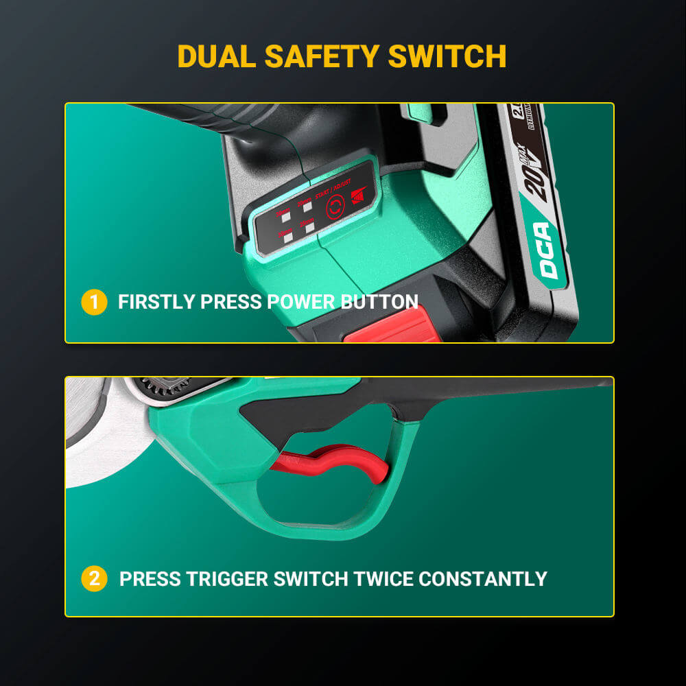 DCA ADYD02-35 20V brushless cordless pruning shear highlighting dual safety switch features.