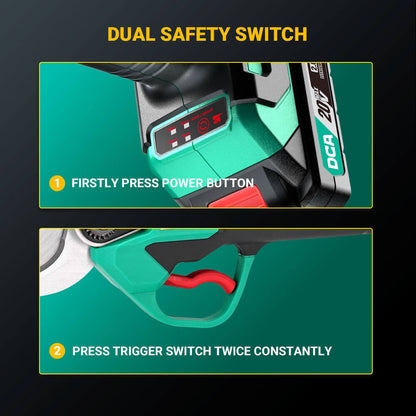 DCA ADYD02-35 20V brushless cordless pruning shear highlighting dual safety switch features.