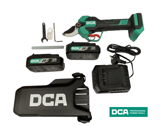 DCA ADYD02-35 20V brushless cordless pruning shear with battery, charger, and accessories laid out on a white background.
