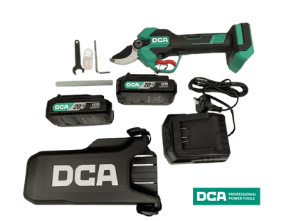 DCA ADYD02-35 20V brushless cordless pruning shear with battery, charger, and accessories laid out on a white background.