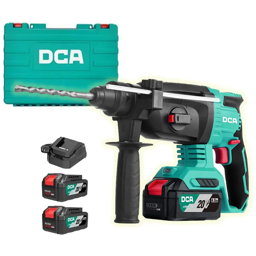 DCA ADZC02-26 cordless brushless rotary hammer with battery and case, featuring a drill bit and ergonomic handle.