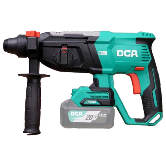 DCA ADZC02-26 cordless brushless rotary hammer with battery, displaying ergonomic design and controls.