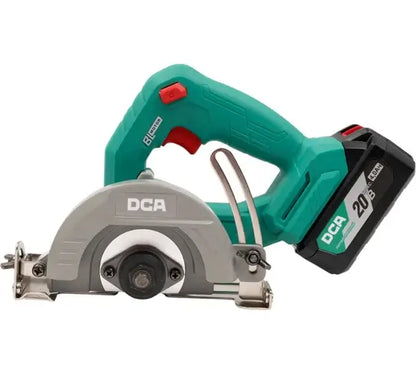 DCA 125mm 20V Cordless Brushless Marble Cutter with battery, ideal for precise cutting in construction.