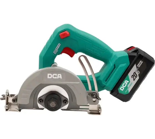 DCA 125mm 20V Cordless Brushless Marble Cutter with battery, ideal for precise cutting in construction.