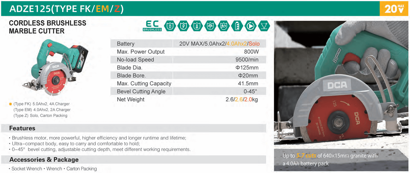 DCA ADZE125 20V cordless brushless marble cutter specifications and features overview including battery, power output, and cutting capabilities.