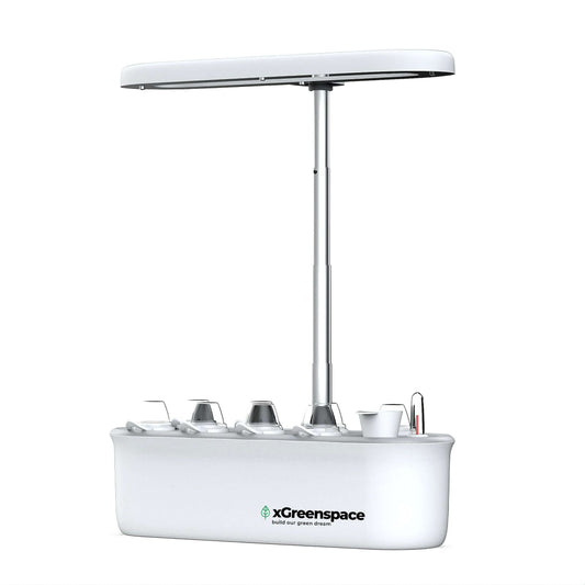 xGreenspace MiniBlock 8pc C08 hydroponic gardening system with grow lights and 8 pods for year-round plant growth.